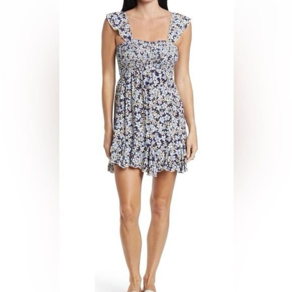 Stillettos Flutter Sleeve Sweetheart Smocked Woven Godet Floral Mini Dress XS